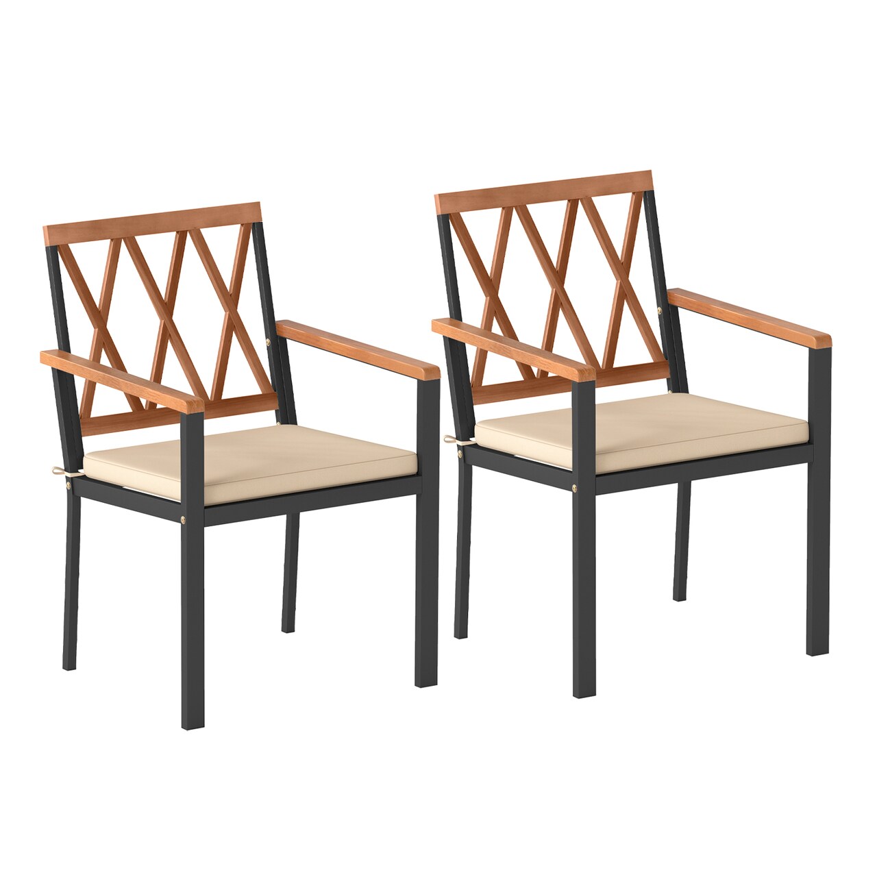 Set of 2 Black Metal Acacia Wood Patio Dining Chairs with Cushioned Seats
